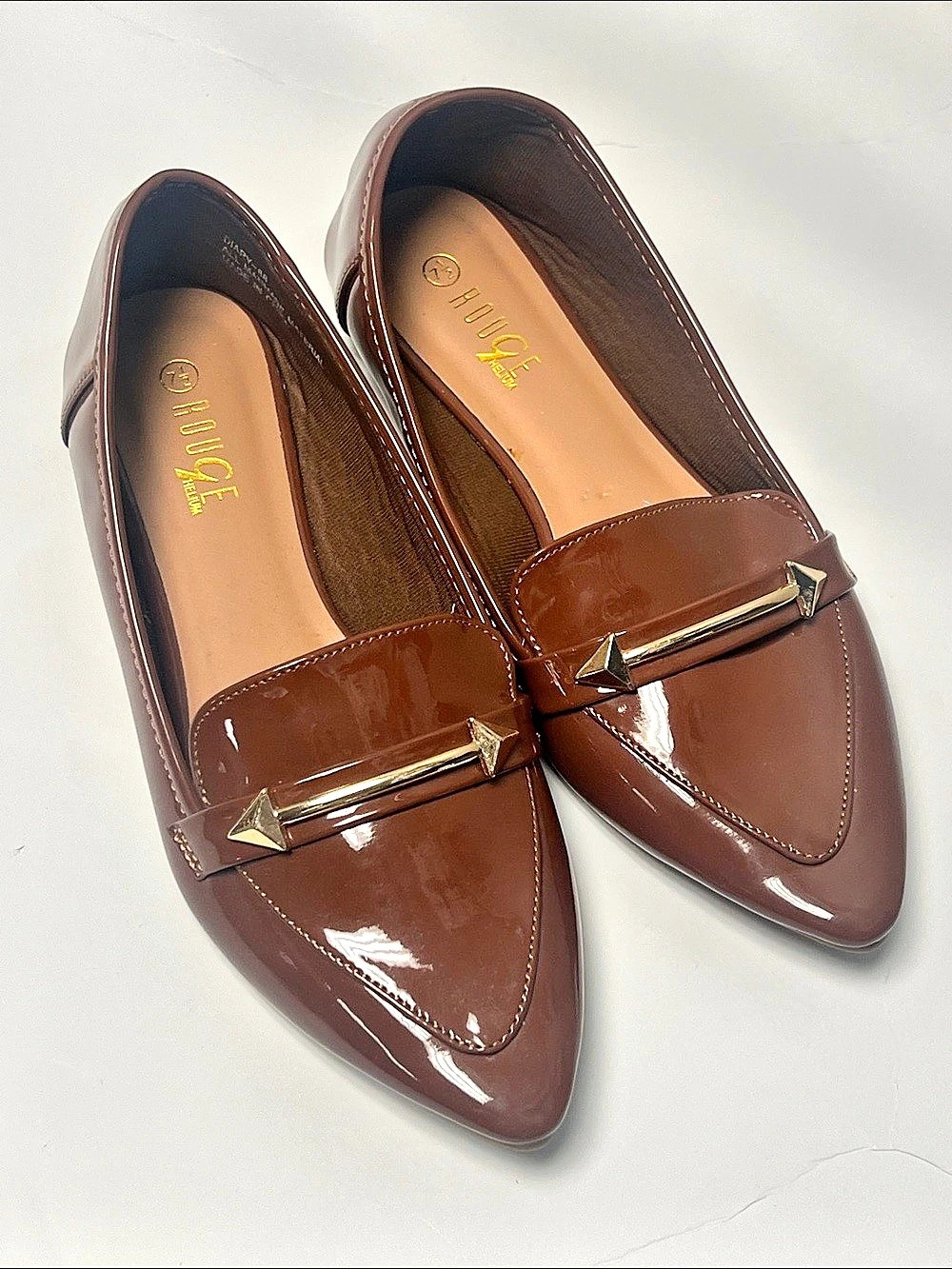 Rovigo Pointed-Toe Patent Loafers Brown US 7.5 Like New